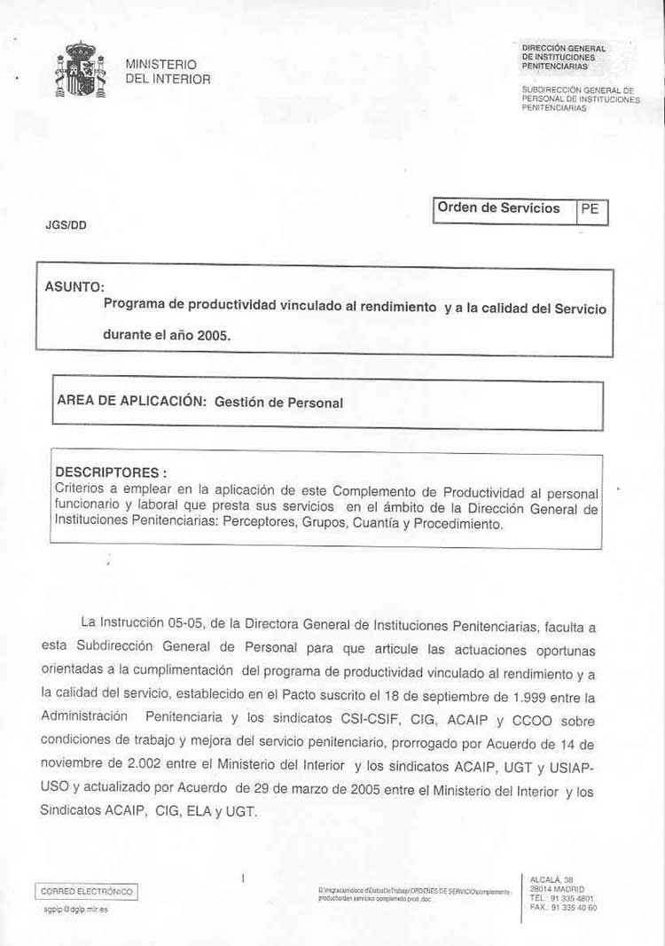 Orden de servicios y Programa de Pruductividad durante 2005