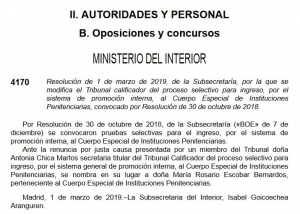 Modificaci&oacute;n tribunal calificador del Cuerpo Especial