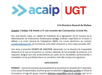 Escrito a directora Muface problemas de los c&oacute;digos CIE en los partes de baja