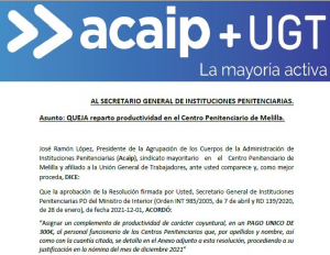 Queja reparto de productividad Centro Penitenciario de Melilla