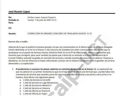 Correcci&oacute;n errores plazas concurso traslados