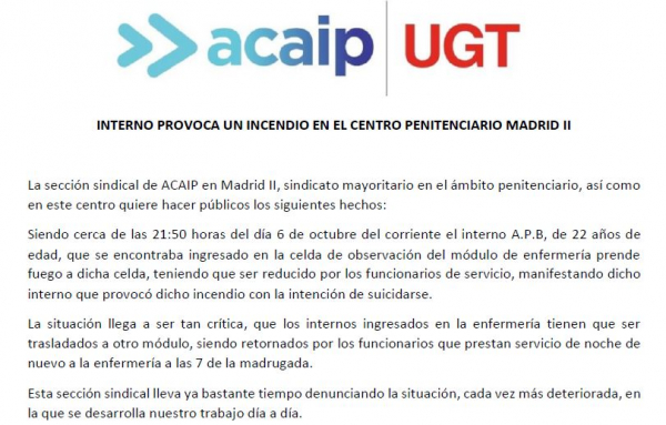 Un interno prende fuego a su celda en el CP Madrid 2