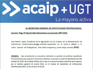 Acaip+Ugt solicita el pago productividad C. Ayudantes OEP 2019