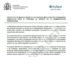 PROTOCOLO DE MUFACE  CASOS DE INFECCION POR CORONAVIRUS  PARA EL PERSONAL ADMINISTRACI&Oacute;N PENITENCIARIA