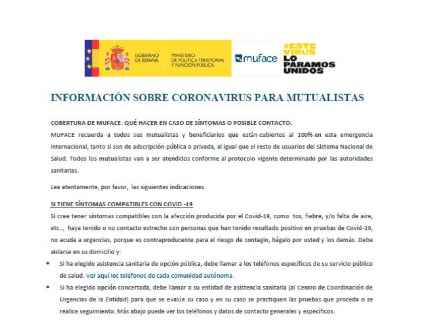 Informacion coronavirus mutualistas de Muface