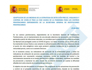 Adaptaci&oacute;n medidas Covid en centros penitenciarios (29/04/2022)