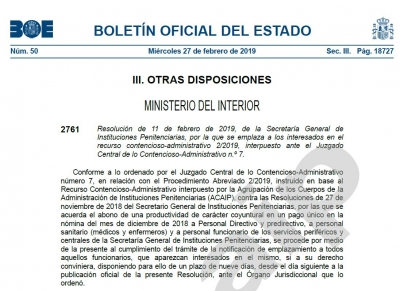 Publicacion BOE emplazamiento recurso Acaip sobre productividad