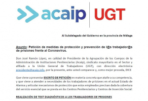 Acaip-Ugt solicita a subdelegaciones gobierno test para empleados p&uacute;blicos penitenciarios