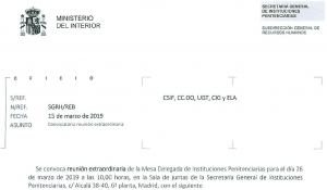 Convocatoria reuni&oacute;n extraordinaria de la mesa delegada de prisiones (26 de marzo).