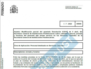Instrucci&oacute;n 7/2022: Modificaci&oacute;n 6/2019 horarios servicios centrales