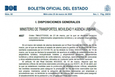 Resoluci&oacute;n Boe hospedaje para serviciones esenciales