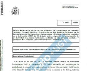 Instrucci&oacute;n 2/2022: modificacion productividad Servicios centrales y puestos Perif&eacute;ricos