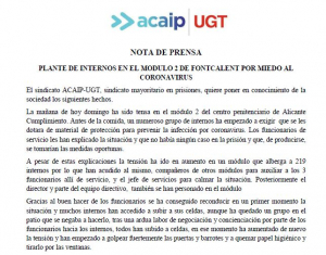 Acaip denuncia un plante de internos en el C.P de Fontcalent