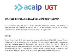 Queja ante la Sub Gral de Sanidad Penitenciaria por medidas Covid en C.P Tahiche