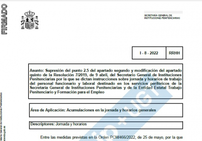 Instrucci&oacute;n 8/2022: Acumulaci&oacute;n de jornadas en horario general
