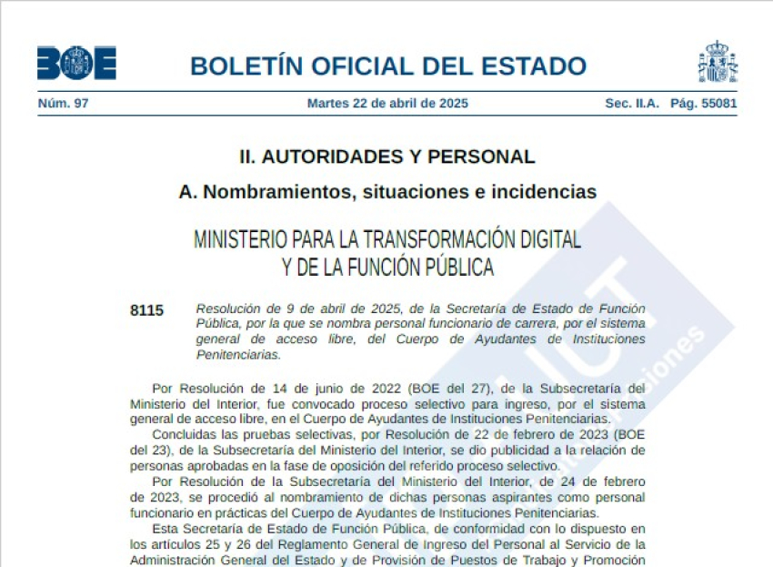 Publicación BOE nombramiento carrera C. Ayudante OEP 2011-2022