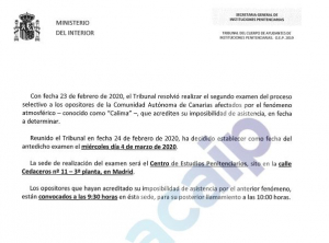Convocatoria segundo examen afectados opositores de Canarias