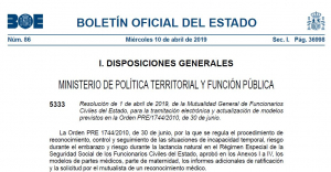 Resoluci&oacute;n de 1 de abril de 2019, de la Mutualidad General de Funcionarios Civiles del Estado, para la tramitaci&oacute;n electr&oacute;nica y actualizaci&oacute;n de modelos previstos en la Orden PRE/1744/2010, de 30 de junio.