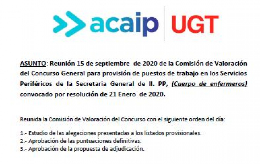 Comunicado reunión valoración concurso enfermeros (15/09/20)