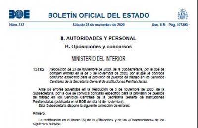 Correcci&oacute;n errores concurso traslados servicios centrales II.PP