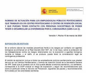 Normas actuaci&oacute;n en Instituciones Penitenciarias frente al coronavirus