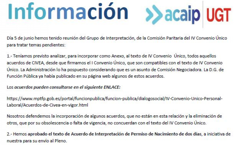 P. Laboral.- Información grupo de trabajo de interpretación IV Convenio
