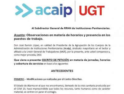 Acaip-Ugt realiza Observaciones en materia de horarios y presencia en los puestos de trabajo.