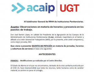 Acaip-Ugt realiza Observaciones en materia de horarios y presencia en los puestos de trabajo.
