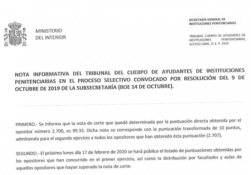 Nota de corte primer examen Cuerpo de Ayudantes