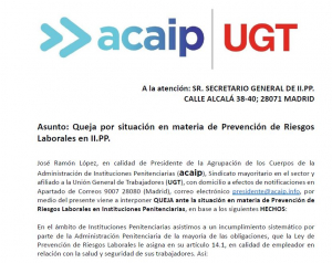 Acaip presenta QUEJA ante incumplimiento sistematico ley de prevencion riesgos laborales