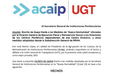 Escrito de QUEJA ante las medidas de "Nueva normalidad" en prisiones