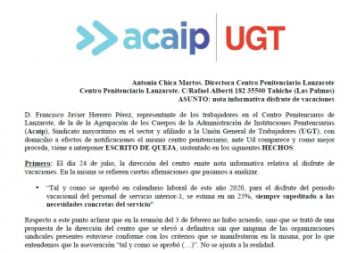 Queja presentada a la directora C.P Tahiche por disfrute vacaciones