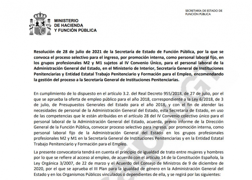 P. Laboral: Convocatoria promoción interna  II.PP y EETPFE OEP 2018