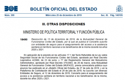 Concierto MUFACE para los a&ntilde;os 2020 y 2021